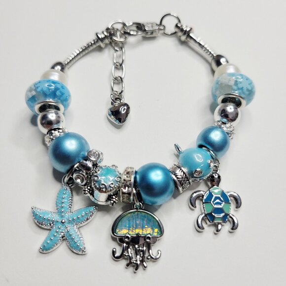 NWT Pandora Style Charm Bracelet Enamel Turtles Jellyfish Whale Blue Silver Bead - Picture 1 of 9